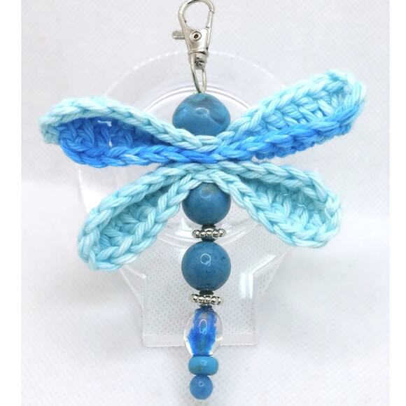 Crochet Dragonfly Vintage Beaded Keychain Handmade Blue Purse Charm Bag Clip NEW - Picture 1 of 10